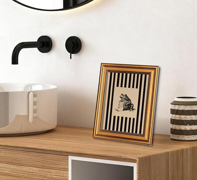 Funny Bathroom Gold Framed Wall Art Vintage Whimsical Frog Wall Decor Art | Black Beige Striped Picture Canvas Art Retro Animal Small Framed Prints Artwork For Vanity Shelf Restroom Toilet Powder Room