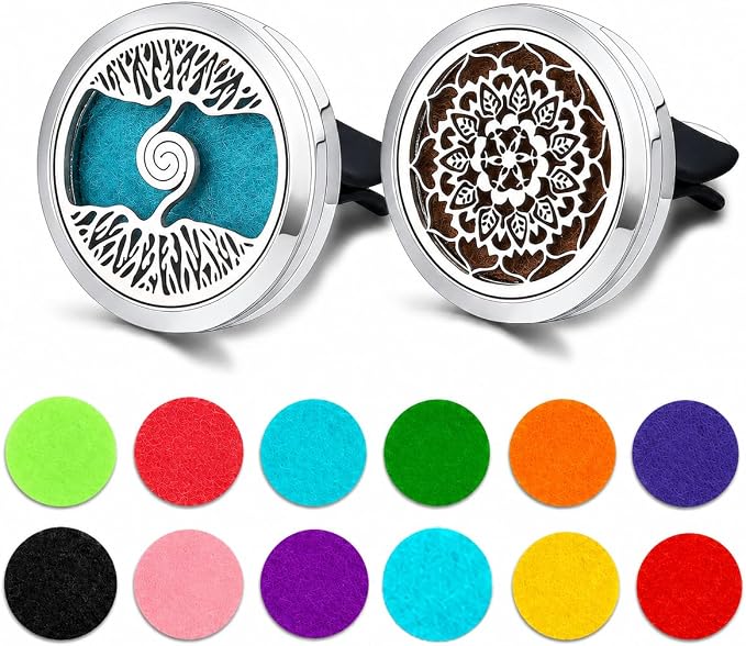 2 Pack Car Vent Essential Oil Diffuser Clips, Silver Tree of Life Air Freshener Vent Clips with 30 Colorful Felt Pads, Reusable Metal Car Aroma Diffuser for Essential Oils, Perfume