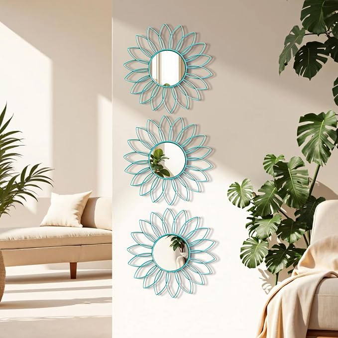 3 Pack Metal Mirrors for Wall Sunburst Wall Mirrors Home Décor Decorative Hanging Wall Art for Living Room Bedroom Entryway (Greenish Blue, Flowers)