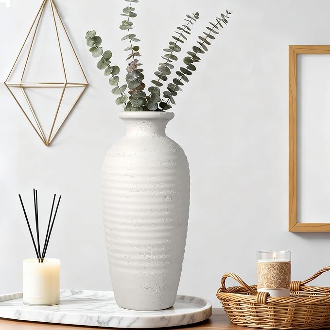 14.4" Vintage Tall Ceramic Vase, Farmhouse Modern Living Room Decor | Textured Surface Flower Vase for Home Decor,Large Ceramic vase Perfect for Living Room, Gift for Housewarming