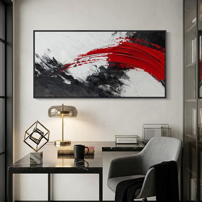 Extra Large Framed Red Black and White Abstract Wall Art for Living Room, Oversized Modern Horizontal Canvas Prints Artwork for Walls, Minimalist Pictures for Bedroom Office Hallway Wall Decor 30x60 In