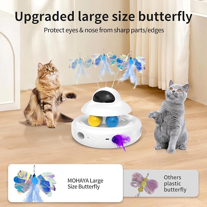 MOHAYA Cat Toys，4-in-1 Interactive Cat Toy for Indoor Cats with Laser, Fluttering Butterfly, Moving Feather and Track Balls - USB Rechargeable Self-Play Kitten Toy (White)