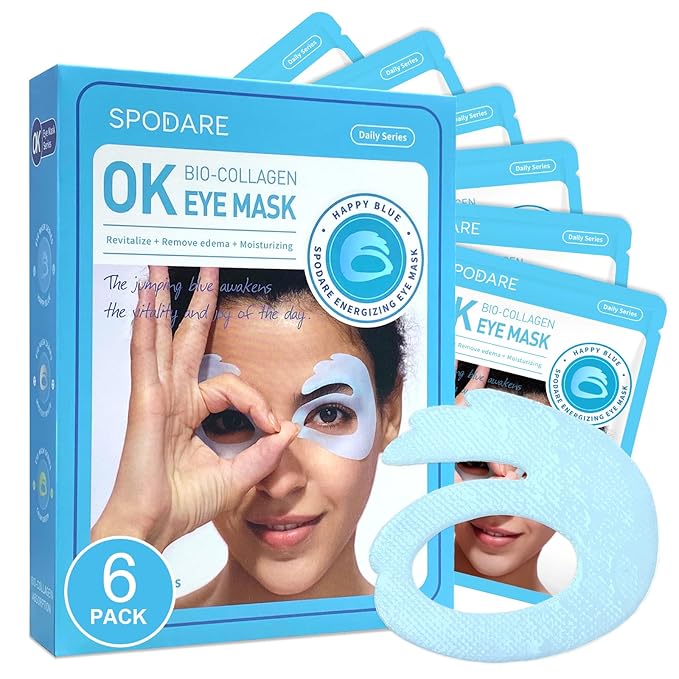 Bio-Collagen OK Eye Mask, Firming & Hydrating Under Eye Patches for Puffy Eyes and Dark Circles, Deep Moisturizing & Soothing Eye Mask for Women and Men - 6 Pairs, Happy Blue