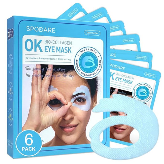 Bio-Collagen OK Eye Mask, Firming & Hydrating Under Eye Patches for Puffy Eyes and Dark Circles, Deep Moisturizing & Soothing Eye Mask for Women and Men - 6 Pairs, Happy Blue