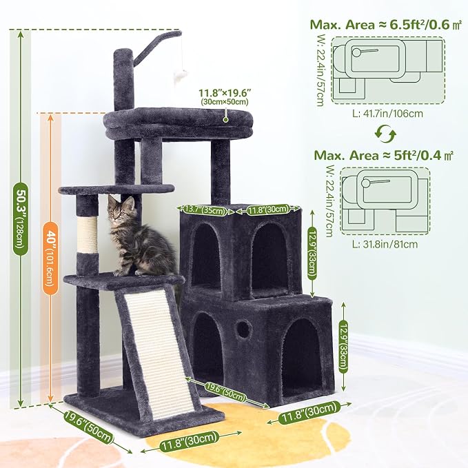 Globlazer Cat Tower for Indoor Adult Cats, 50-inch Heavy Duty Cat Tree House for Big Cats with Extra-Large Padded Platform, Sisal Scratching Board, 2 Large Condos, F50, Dark Grey
