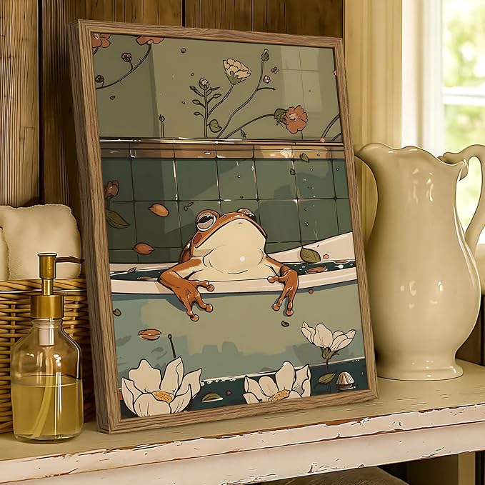 Funny Japanese Frog Bathroom Wall Art Whimsical Frog in Bathtub Wall Decor Painting Cute Animal Bathroom Poster Canvas Print Picture 12x16 inch Wood Framed