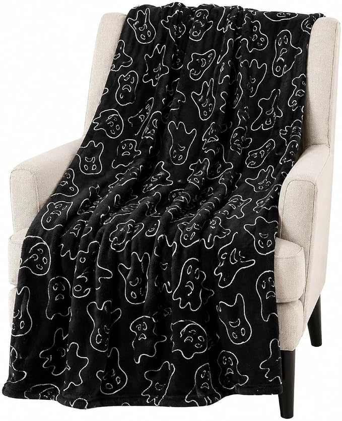 Halloween Fleece Throw Blanket, Cute Ghost Outline on Black, 50x70 XL size | Ultra-soft cozy flannel fleece, for sofa bed couch chair & dorms, spooky Halloween décor, durable and machine washable.