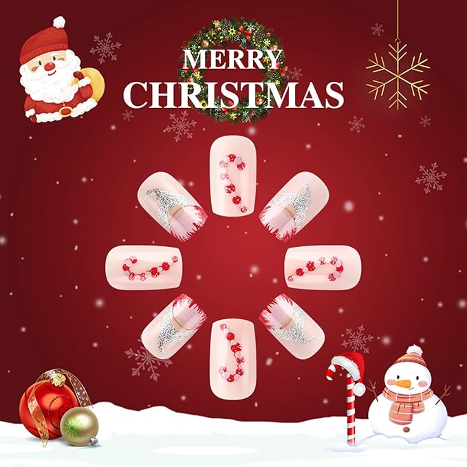 Christmas Glitter Gnome Press on Nails Medium Winter Xmas False Nails Glossy Square Acrylic Glue on Nails Full Cover Christmas Fake Nails for Women Girls