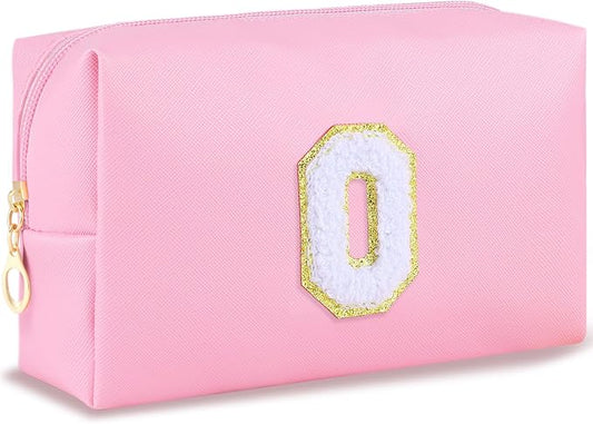 URSKYTOUS Initial Makeup Bag Personalized Preppy Travel Small Cosmetic Bag Cute PU Pink Chenille Letter Makeup Pouch for Purse Waterproof Zippered Toiletry Organizer for Women Girls Kids Friends (O)