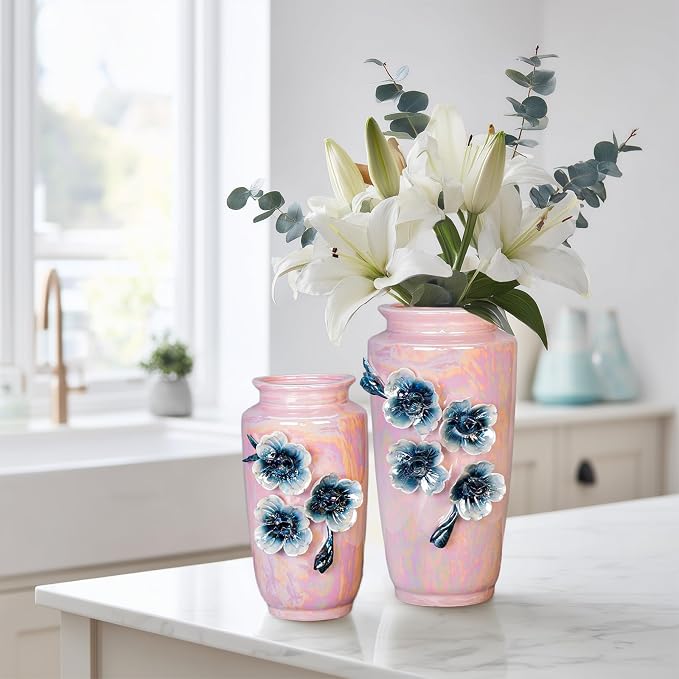Pink Ceramic Vase 9 Inch - Modern Decorative Vase for Home Decor, Living Room, Centerpiece, Wedding, Office, Pink Decor