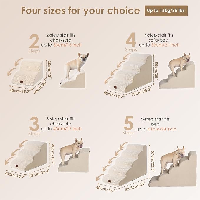 EHEYCIGA Curved Dog Stairs Ramp, 4-Step High Beds, 19.7" H Pet Step | 33D density of pure foam, for Small Dogs and Cats, Pet Stairs for High Bed Climbing, Non-Slip Balanced Indoor, Beige
