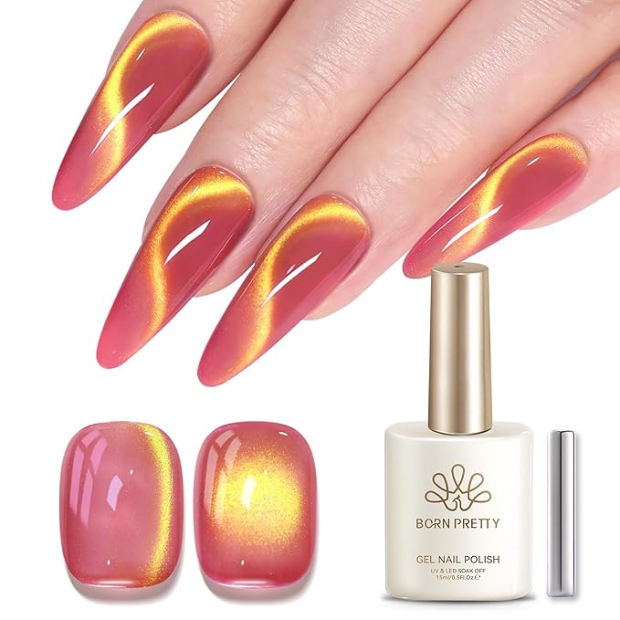 Born Pretty Spring Summer Cat Magnetic Eye Gel Polish,2026 Fruit Golden Pink Holographic Glitter Shimmer Translucent Sheer Magnetic Gel Polish Salon DIY at Home