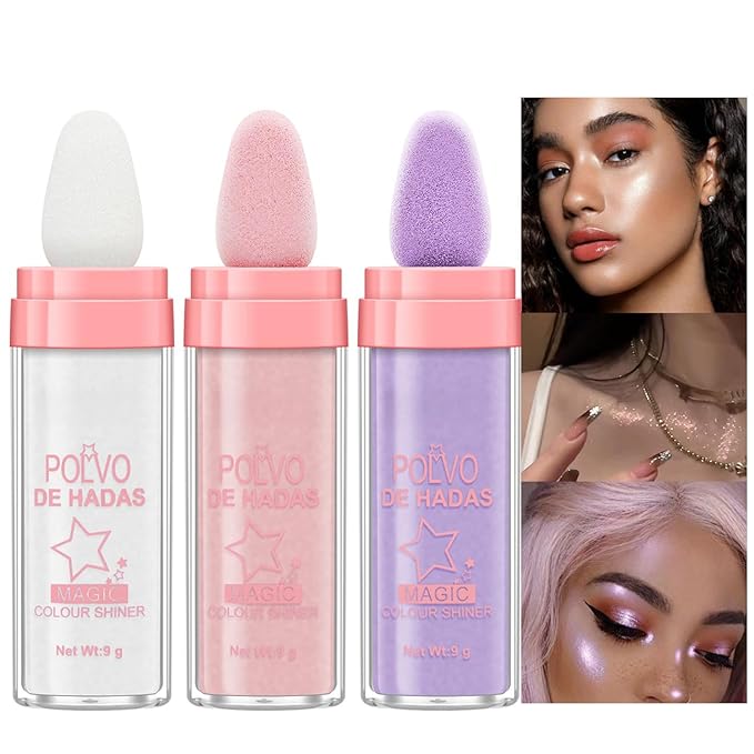 Polvo De Hadas 3 Pack Fairy Dust Highlight Patting Powder for Face, Eye, and Full Body Contouring, Halloween Sparkling Body Glitter Powder