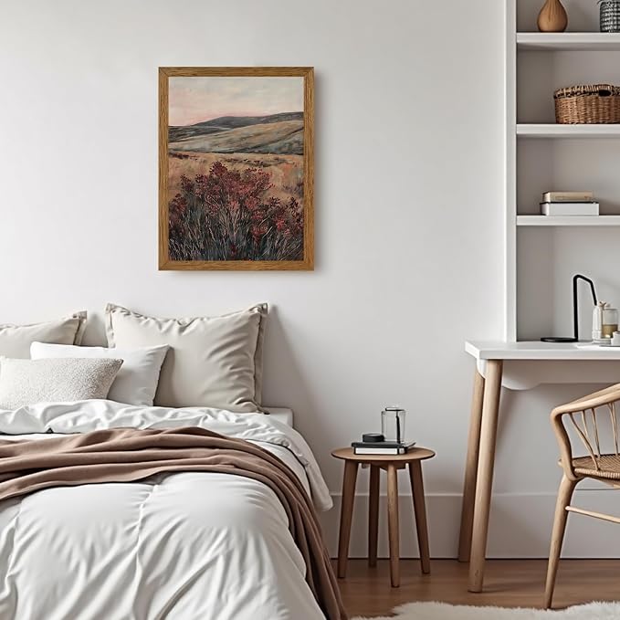 JLTULT Vintage Landscape Wall Art, Maroon Wood-Framed Canvas, 16 x 24 in | Moody maroon wildflower art on fade-resistant canvas with a ready-to-hang solid wood frame for bedrooms and living rooms