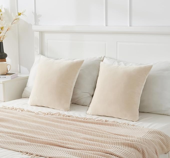 Throw Pillow Covers Neutral Beige Set of 2 16x16 Inch Pillow Covers, Soft Velvet Farmhouse Decorative Pillowcases for Couch Sofa Bed, Home Boho Decor, Modern Cushion Covers