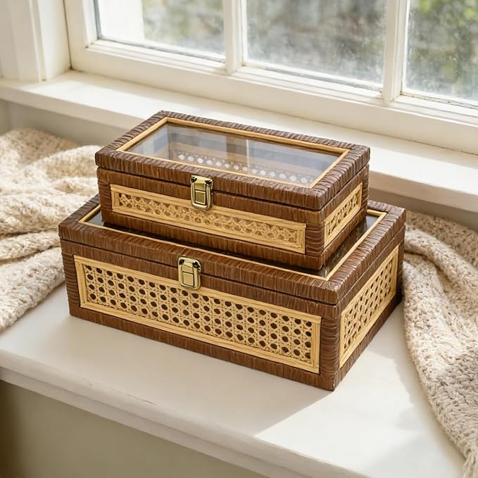 DECOR4SEASON Rattan and Cane Display Boxes with Glass Lid - Set of 2 Stackable Storage Organizers with Snag-Free Solid Wood Base - Rustic Farmhouse Decor for Jewelry, Remotes, and Keepsakes,Brown