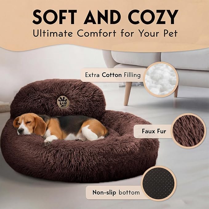 PetJett Calming Dog Bed Medium Size Dog - 30'' Donut Bed, Anti-Slip & Washable Super Soft Fluffy Plush Round Bed, Anti-Anxiety Premium Comfort Pet Bed, Fits Dogs up to 45 lbs - Brown