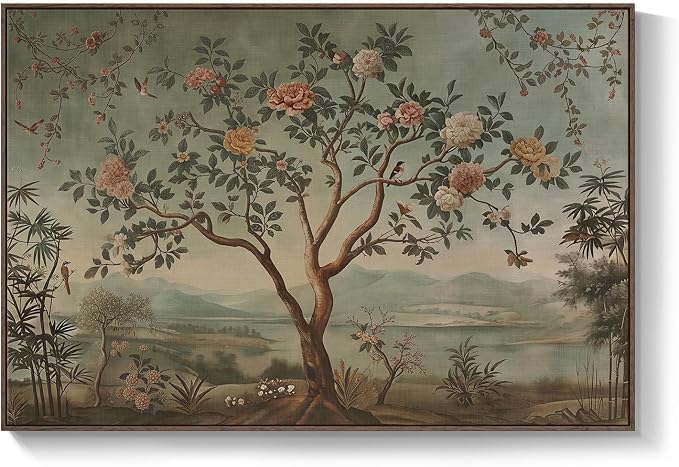 Extra Large Framed Vintage Landscape Wall Art for Living Room, Oversized Chinoiserie Tree Floral Canvas Horizontal Artwork for Walls, Retro Painting Prints Dining Room Hallway Wall Decor, 72x48 Inch