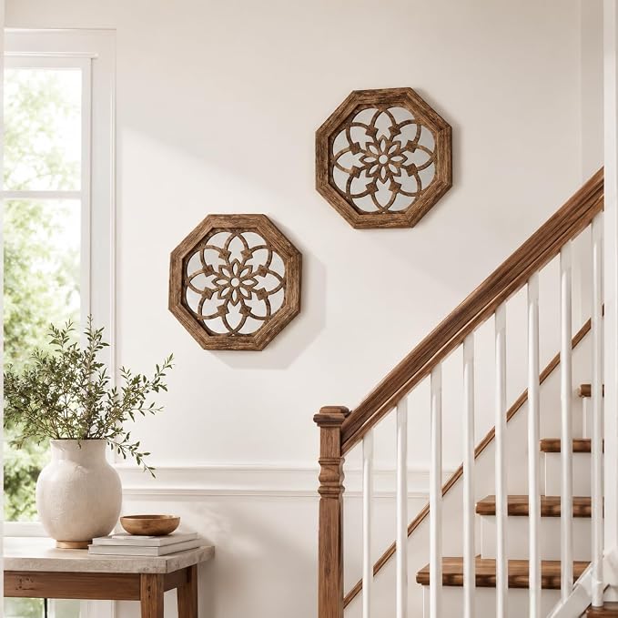 2 Pack 12 Inch Octagon Maroon Rustic Wood Frame Acrylic Wall Mirrors, Farmhouse Boho Wall Art Decor for Living Room, Bedroom, Hallway, Entryway, Bathroom & Office