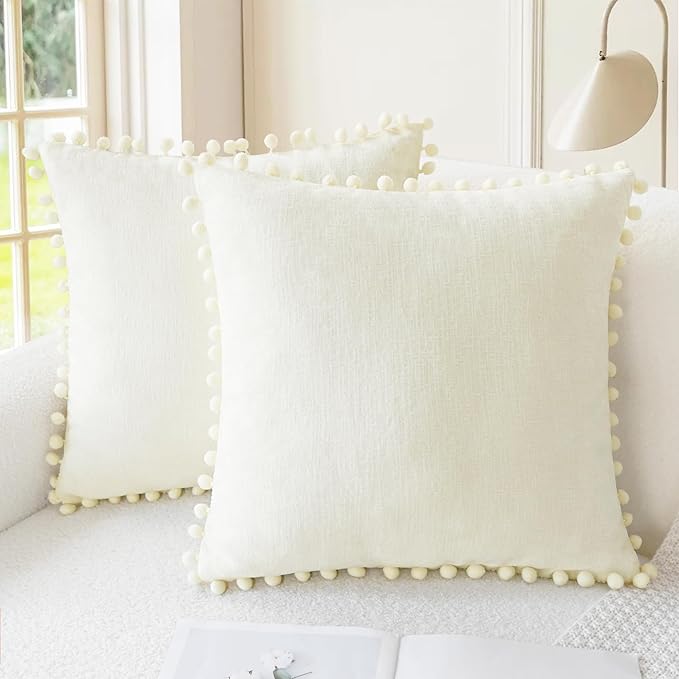 CaliTime Decorative Couch Throw Pillow Covers 20 X 20 Inches Cream | Pack of 2, Cozy Chenille Cushion Cases, with Pom Poms for Sofa Bed Living Room Farmhouse Home