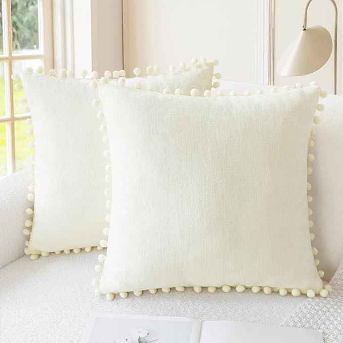 CaliTime Decorative Couch Throw Pillow Covers 22 X 22 Inches Cream | Pack of 2, Cozy Chenille Cushion Cases, with Pom Poms for Sofa Bed Living Room Farmhouse Home