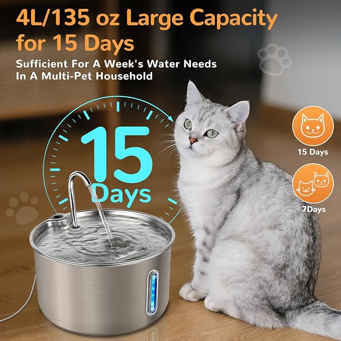 Stainless Steel Cat Water Fountain, 135oz/4L, 12 Filters | Automatic Pet Water Dispenser with Ultra-Quiet Adjustable Pump and 3 Flow Modes for Cats, Dogs, Multi-Pet Homes