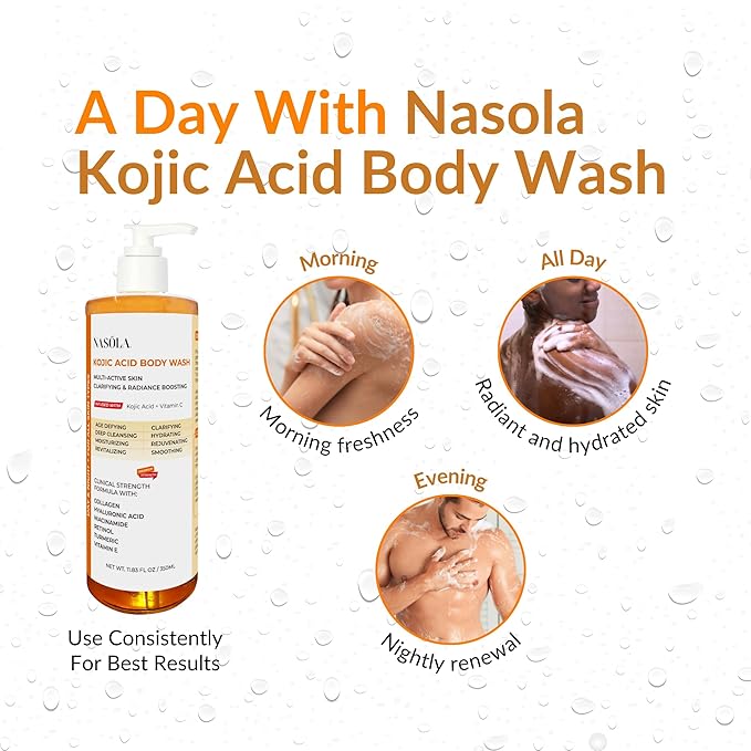 Nasola Kojic Acid Body Wash – Turmeric & Vitamin C Brightening Cleanser, Moisturizing Exfoliating Shower Gel for Women & Men – 11.8 fl oz