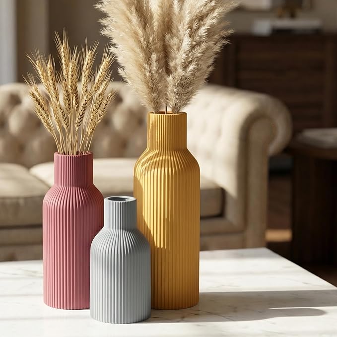 Colorful Ceramic Vases Set of 3, Matte Vertical Ribbed, Minimalist for Pampas Grass &Fresh Flowers, Centerpiece for Living Room,Shelf,Wedding (Mustard Yellow, Dusty Gray, Burgundy)