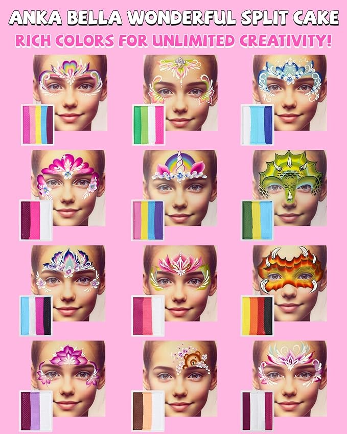 Anka Bella Professional Face Painting Kit for Kids,12X10gm Water Activated Rainbow Cake Face Paint with Stencil & Brushes,Hypoallergenic & Non-Toxic,Gift for Birthday Parties/Halloween/Carnival