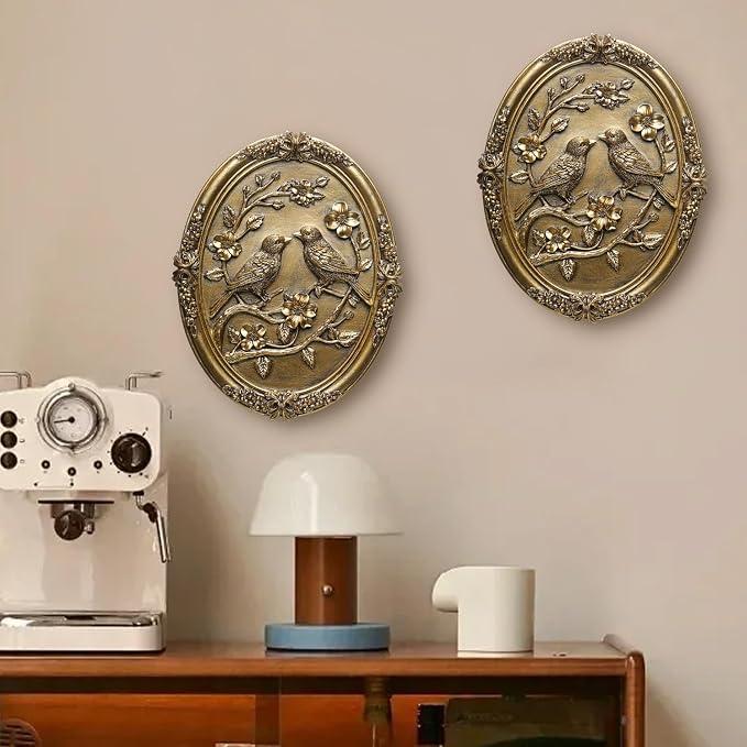 Vintage Bird Wall Art 2 Pack Antique Wall Decor Retro Wall Art Bird Wall Sculpture Hand Painted Wall Decoration with Embossed Birds Design Vintage Decor for Living Room Bedroom Gallery Unique Gifts (Gold Birds)