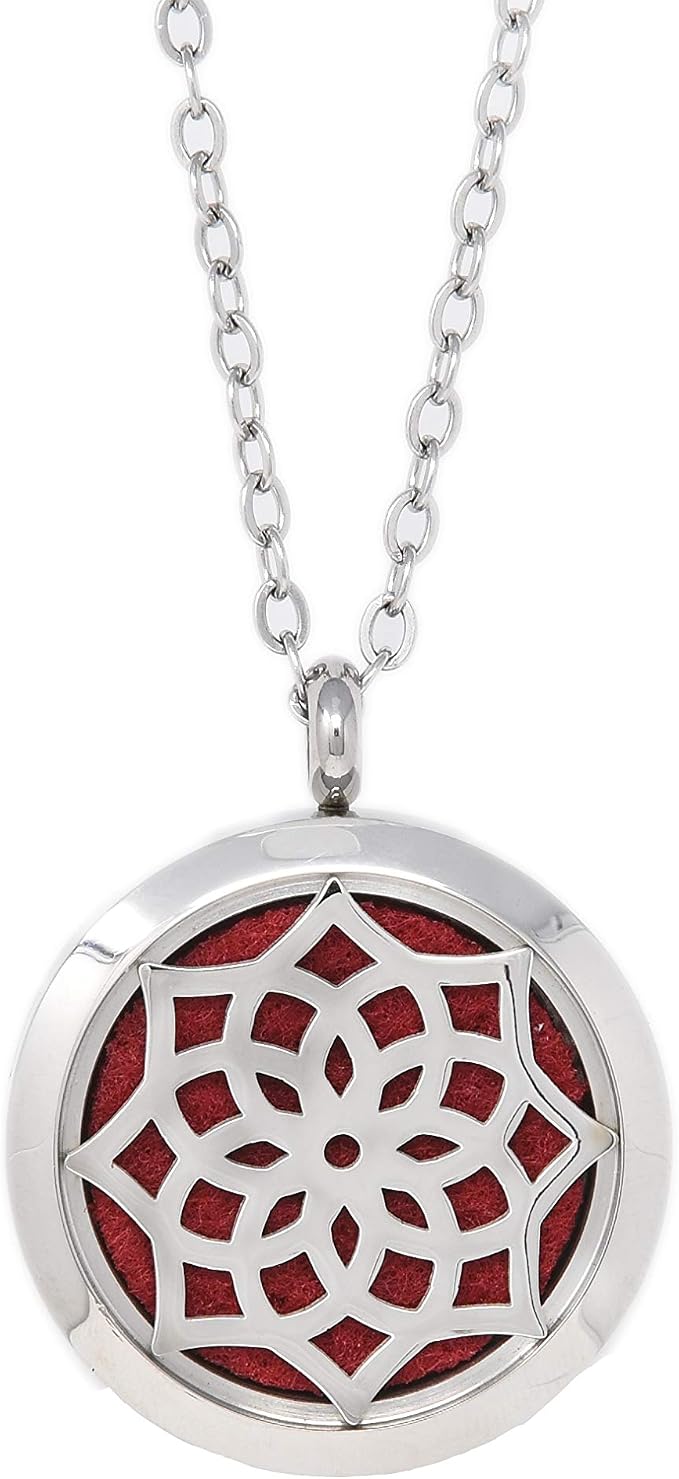 Aromatherapy Essential Oil Diffuser Stainless Steel 30MM Silver Locket Pendant 2 Sizes Chain Necklace, Refill Pads & Diffuser Bracelet in a Velvet Bag (flower2)