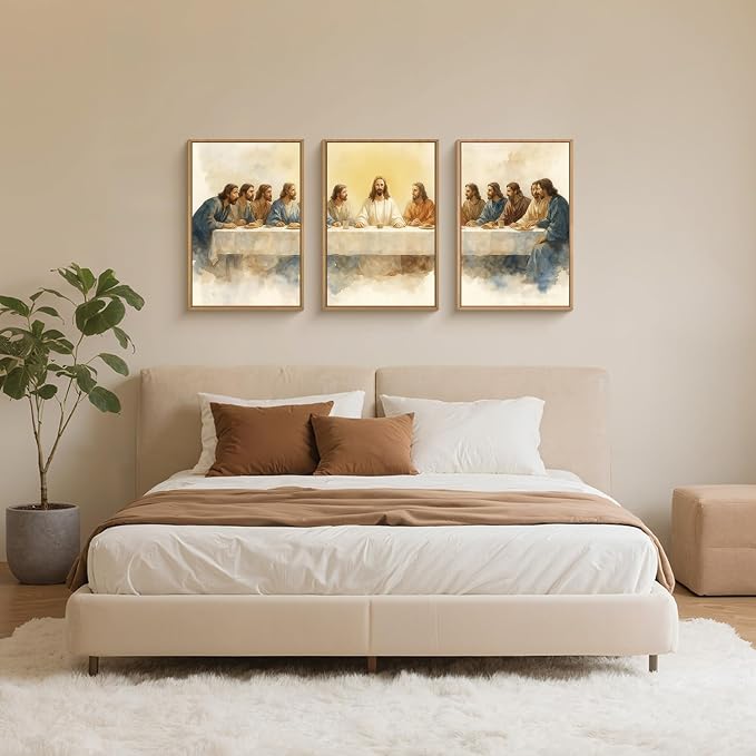 FWIEXA Jesus Last Supper Canvas Wall Art Set 3, Framed Christian Easter Decor Painting, Religious Boho Prints , Bible Watercolor Artwork, 16x24In Verse Scripture Pictures for Living Room,Bedroom,Prayer Room