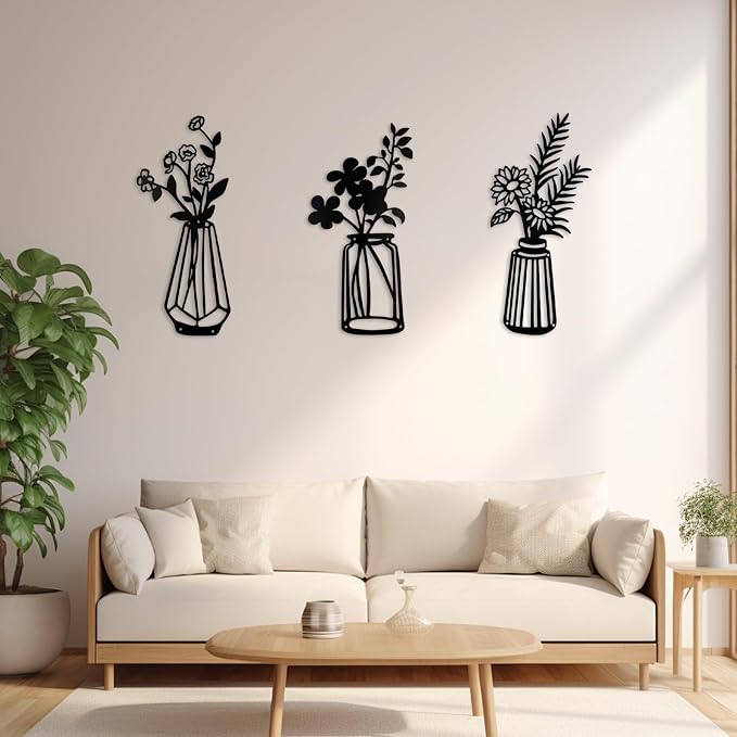 3 Pcs Metal Flowers Wall Arts,Black Metal Vase Wall Art,Iron Art Painting,Rustic Farmhouse Decor Minimalist Flower Decor for Bedroom Bathroom Living Room Dining Room(Black, Vase-B)