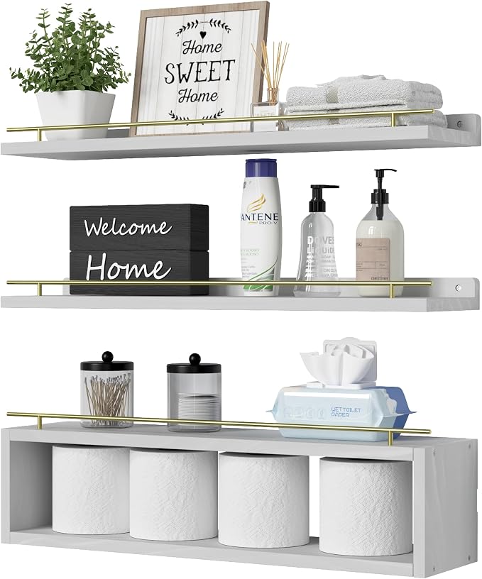 Floating Shelves for Wall 24 inch with Cube Shelf, Wall Shelves with Metal Rail for Decor, Bathroom Organizers and Storage, Over Toilet Shelves for Bathroom, Toilet Paper-White&Gold