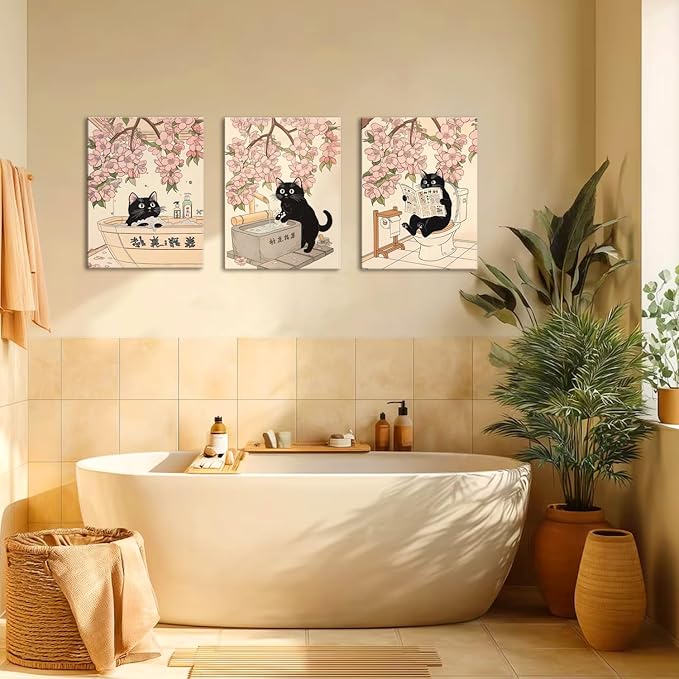Funny Japanese Bathroom Wall Art Set of 3, Whimsical Black Cat Bathroom Wall Decor Painting Cute Japan Animal on Toilet Reading Poster Canvas Prints 12x16 inch Framed