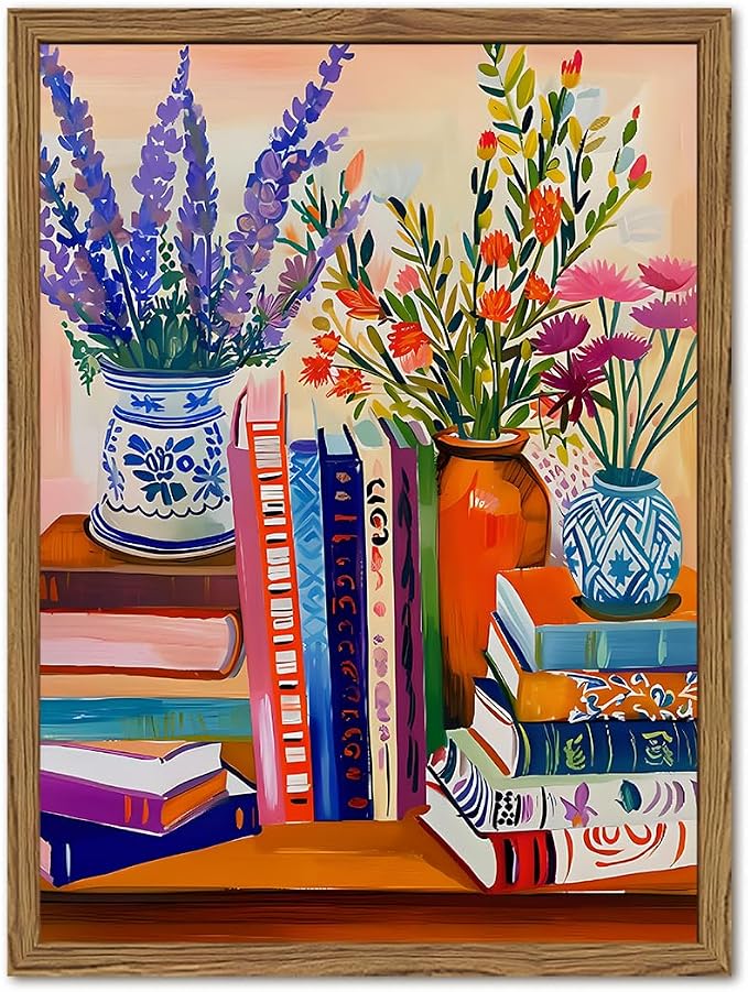 Vintage Floral Book Wall Art Color Book Still Life Wall Decor Painting Pictures Fashion Flower Bookshelf Poster Canvas Print Artwork for Bedroom Living Room 16x24 inch Wood Framed