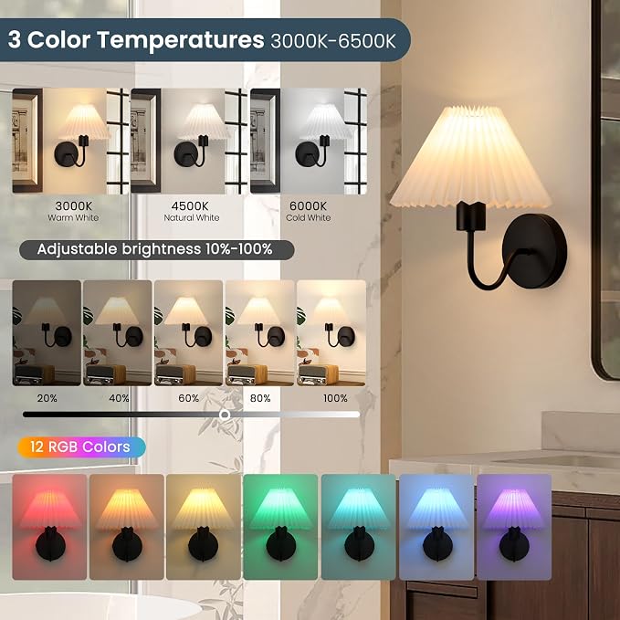 Rechargeable Battery Operated Wall Sconce Sets of 2, 15 Colors Wireless gooseneck Black Wall Lights Fixture with Dimmable Bulbs and Remote, Not Hardwired Wall Mounted Lamps for Bedroom Living Room