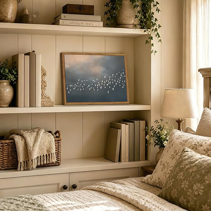 Framed Vintage Flying Bird Canvas Wall Art, Minimalist Abstract Flock of White Birds Pictures Wall Decor, Rustic Nature Wildlife Paintings Prints for Living Room Bedroom Bathroom 16x24 inch