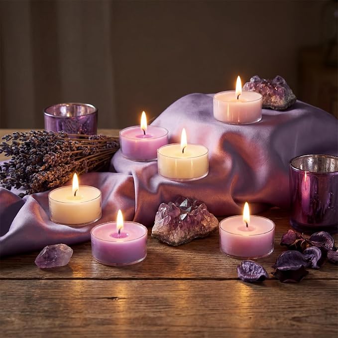 Honoson 12 Pack Tea Lights Candles Tea Light Natural Wax Scented Candle for Spring Easter Wedding Engagement Gifting Aromatherapy Anniversary Home Decor (Round,Gradient Purple)