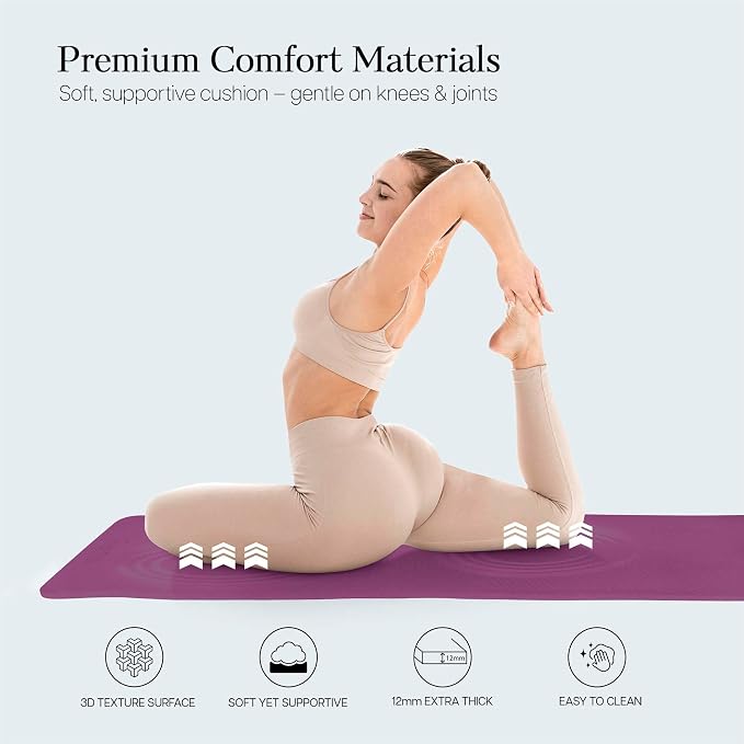 Extra Thick 12mm Exercise Mat – 74"L x 26"W Inch, Non-Slip, Joint-Friendly & Cushioned Fitness Mat for Yoga, Pilates & Floor Workouts – Durable, Supportive & Includes Feetlu Classic Strap