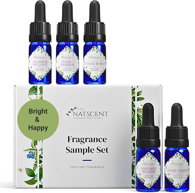 Fragrance Oil Set, Bright & Happy Fragrance Oils for Diffusers for Home, Hotel Collection Diffuser Oil Set: Jasmine Delight, Rose Garden, Citrus Burst, Vintage Bloom, Good Cheer 5 x 0.33oz