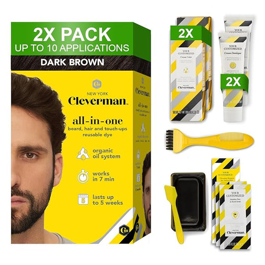 2X Reusable Hair & Beard Dye for Men – Dark Brown | Up to 10 Uses, 7 Minutes | Natural Gray Coverage, No-Drip Cream with SkinArmour® – Cleverman