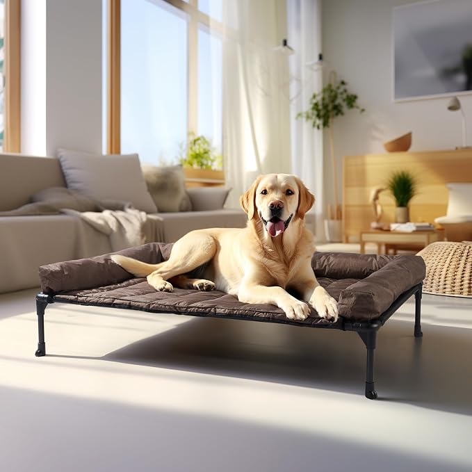 Veehoo Outdoor Elevated Dog Bed with Waterproof Bolster Cushion, Cooling | Raised Dog Bed with Removable & Washable Mat Topper, Breathable Mesh, Dog Couch Cot for Indoor Outdoor, 42", Large, Brown