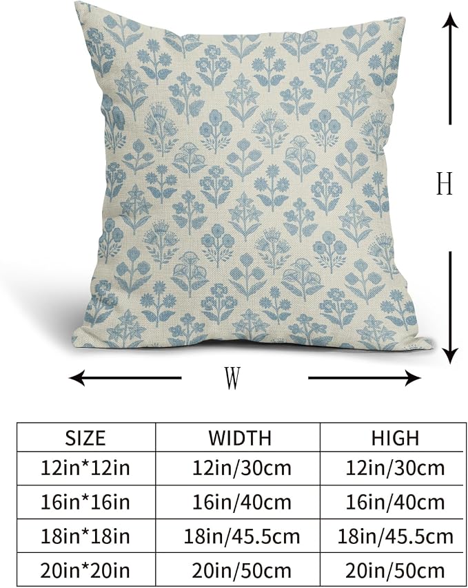 Light Blue Floral Pillow Covers 16x16 Inch Set of 2, Vintage Flower Block Print Pattern Decorative Throw Pillowcases Outdoor Farmhouse Cushion Covers Spring Summer Rustic Sofa Couch Bed Decor