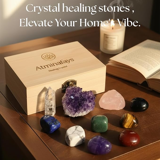 Large Premium Crystals and Healing Stones in Wooden Gift Box + Velvet Pouch + 7 Chakra Tumbled Gemstones+Info Guide, Amethyst Cluster，Rose Quartz ，Quartz Crystal Point