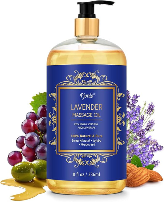 Pjordo Aromatherapy Lavender Massage Oil for Calming, Soothing & Relaxing, Natural Body Massage Oil for Massage Therapy with Jojoba & Sweet Almond, No Stain & Non-Sticky, Spa Gift for Her Him