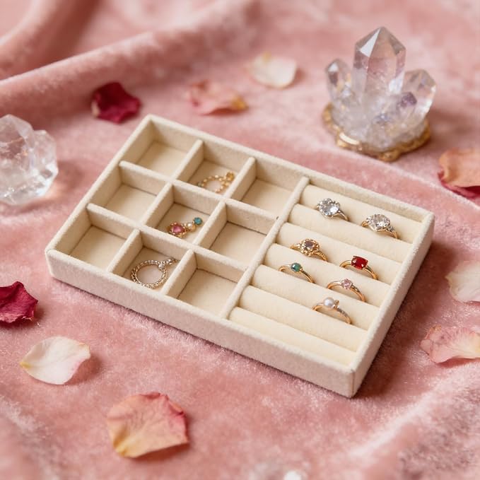 Velvet Jewelry Organizer Trays Beige 9 Grids and Rolls | Stackable Jewelry Storage Display Tray with Removable Dividers for Drawer Dresser Cloest Organizer