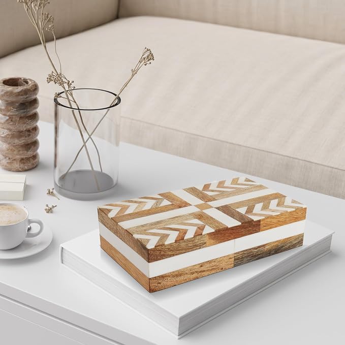 Handicrafts Home White Decorative Storage Box with Lid Wooden Storage Organizer Box Multi Purpose Storage Box for Coffee Table Desk Shelf Decor – Resin Inlay Patisserie Adorn Collection- 10x6x2.5