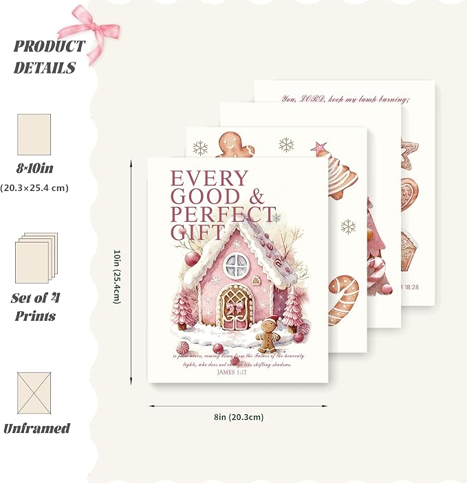 LARTSFRO Coquette Pink Christmas Gingerbread House Gifts Wall Art Decor Posters, Cute Christmas Gingerbread Man Christian Room Bathroom Bedroom Dorm Wall Art Decor Aesthetic for College Teen Girls Gifts, Inspirational Bible Verses Gingerbread Wall Deco...