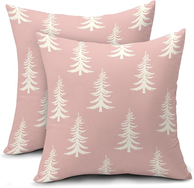 Christmas Pillow Covers 16X16 Inch Set of 2 Rustic Pink White Xmas Tree Decorative Pillow Cases Winter Holiday Cotton Linen Cushion Case Farmhouse Home Decor for Sofa Couch Bedroom
